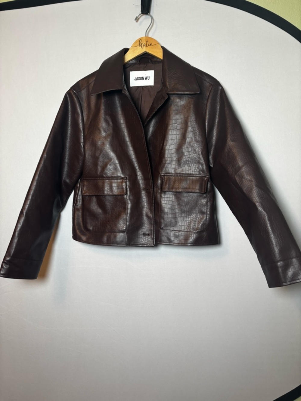 Jason Wu Croc Embossed Moto Vegan Brown Y2K Faux Leather Coat- Size Large - Picture 2 of 8